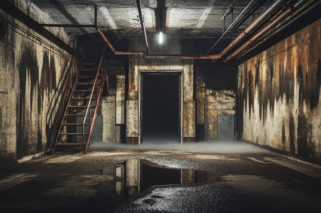 Unheimliches, verlassenes Kellerinterieur mit Treppenhaus und Wasserspiegelung