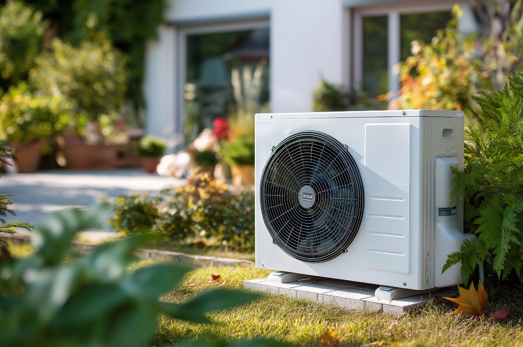 Halbnahaufnahme einer modernen Wärmepumpenanlage, die an einem neu errichteten Haus installiert ist; Vorzeigeprojekt für nachhaltige Energienutzung, effiziente Heizung und Kühlung, umweltfreundliche Technologie, mit Platz für Begleittext